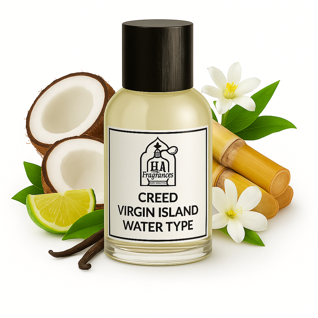 Creed Virgin Island Water Type perfume oil by HA Fragrances in a clear bottle, surrounded by coconut halves, lime wedges, sugarcane, vanilla bean, and white tropical flowers on a white background.