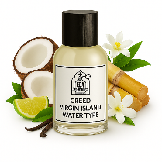 Creed Virgin Island Water Type perfume oil by HA Fragrances in a clear bottle, surrounded by coconut halves, lime wedges, sugarcane, vanilla bean, and white tropical flowers on a white background.