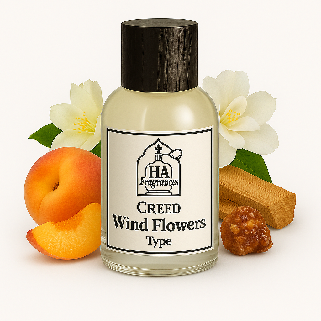 Creed Wind Flowers Type perfume oil by HA Fragrances in a glass bottle, surrounded by peach slices, white floral blossoms, praline, and sandalwood on a white background.