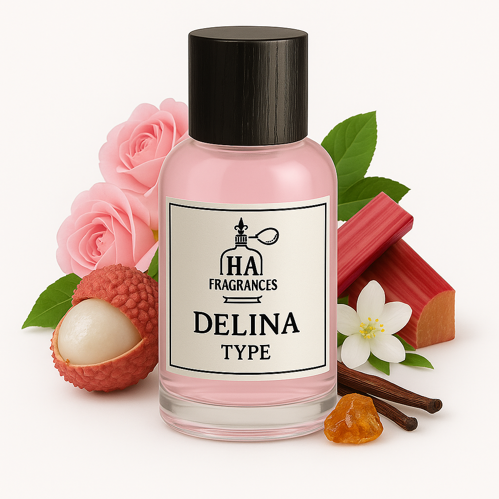 Delina Type perfume oil by HA Fragrances in a clear glass bottle with pink liquid, surrounded by lychee fruit, pink roses, rhubarb, vanilla bean, amber resin, and white florals on a white background.