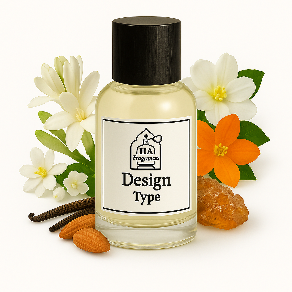 Design Type perfume oil by HA Fragrances in a clear glass bottle, surrounded by white tuberose, orange blossom, vanilla bean, almonds, and amber resin on a white background.