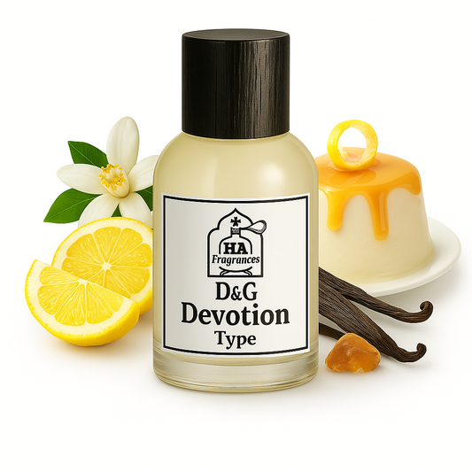 D&G Devotion Type perfume oil by HA Fragrances in a glass bottle, surrounded by candied lemon slices, panna cotta dessert, vanilla bean, orange blossom, and amber resin on a white background.