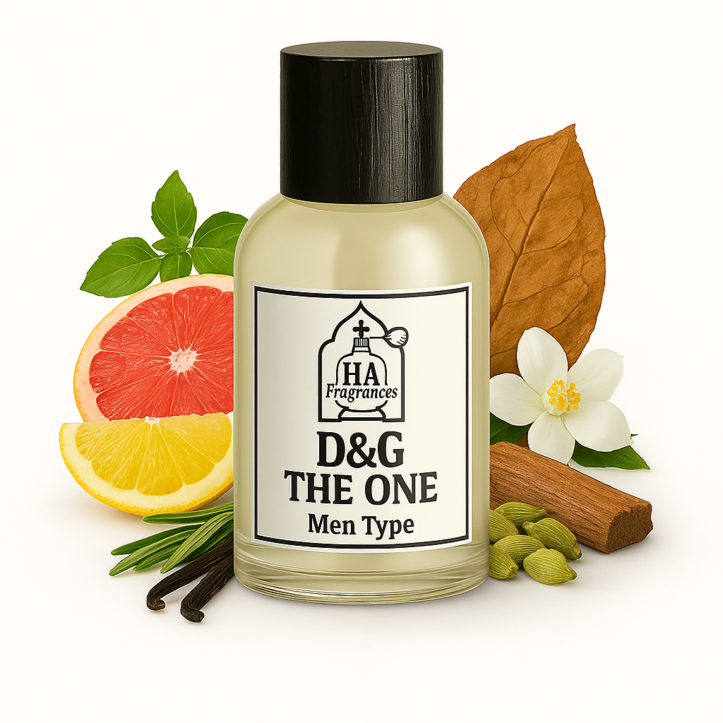D&G The One Men Type cologne oil by HA Fragrances in a glass bottle, surrounded by grapefruit, basil leaves, cardamom pods, vanilla bean, tobacco leaf, cinnamon stick, and white floral on a white background.