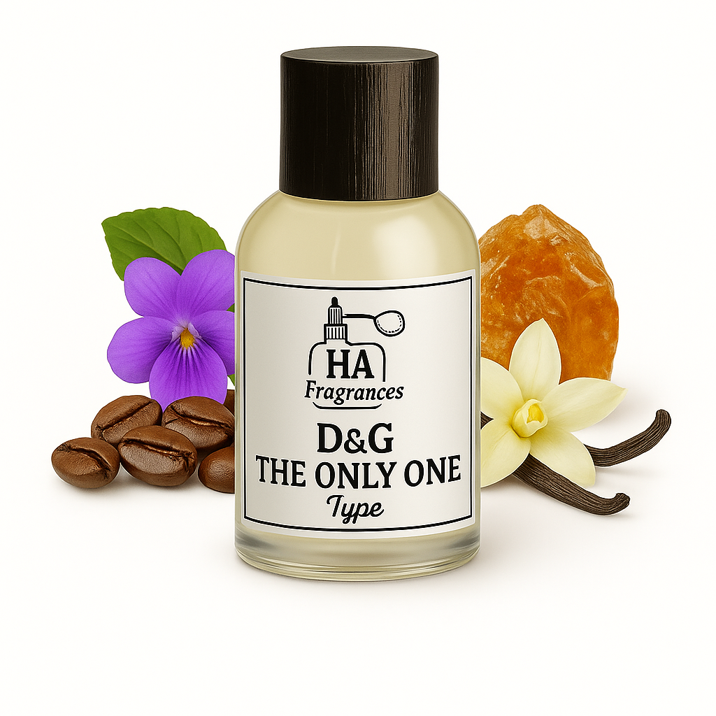 D&G The Only One Type perfume oil by HA Fragrances in a clear glass bottle, surrounded by violet flower, coffee beans, vanilla flower, vanilla bean, and amber resin on a white background.