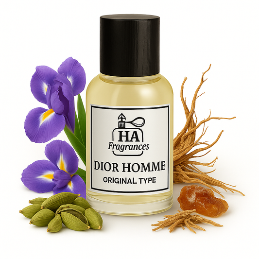 Dior Homme Original Type cologne oil by HA Fragrances in a clear bottle, surrounded by iris petals, cardamom pods, vetiver root, vanilla bean, and white florals on a white background.