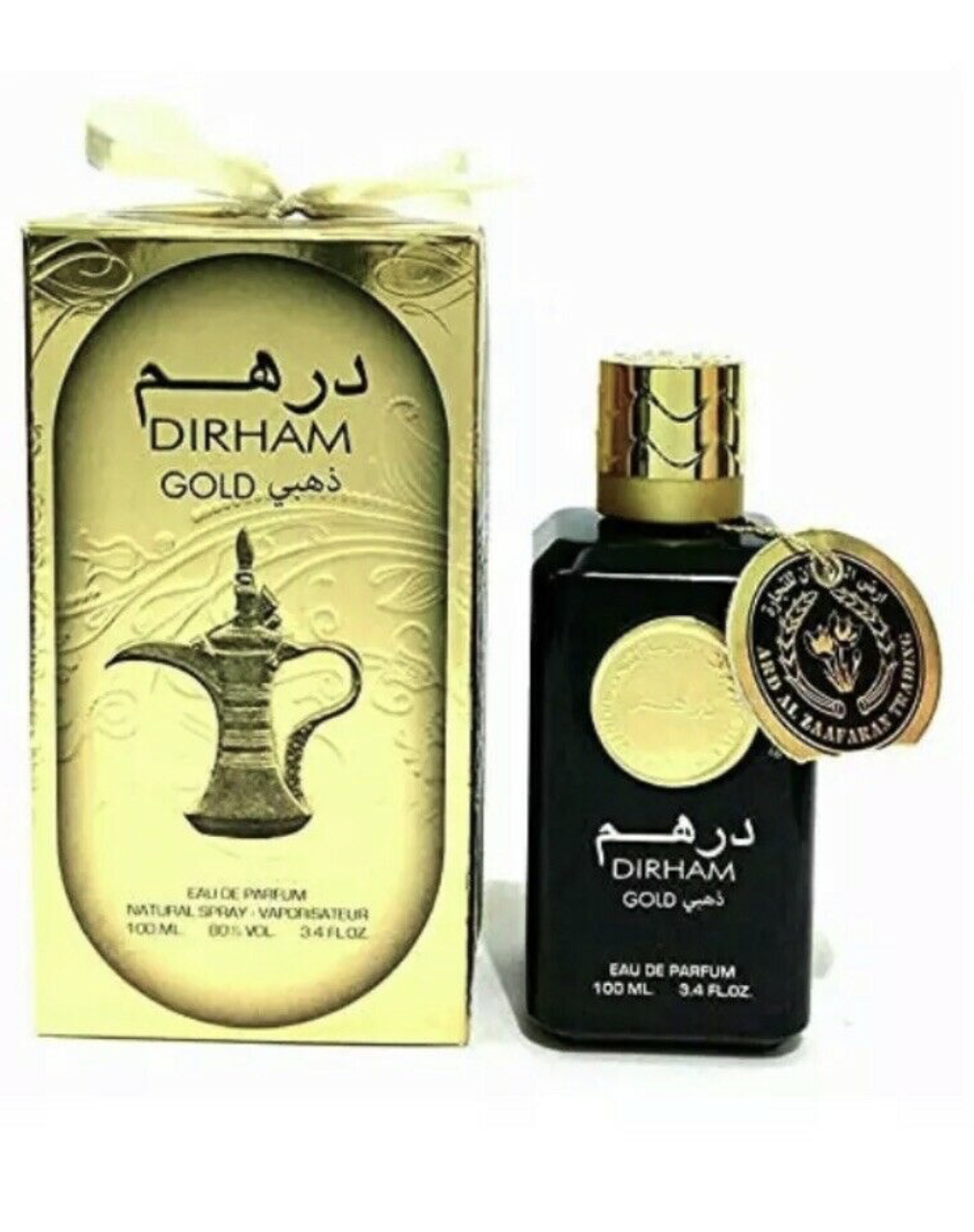 Dirham Gold Eau de Parfum by Ard Al Zaafaran - 100ml unisex fragrance with a luxurious gold and black design, featuring a traditional Arabian coffee pot motif.