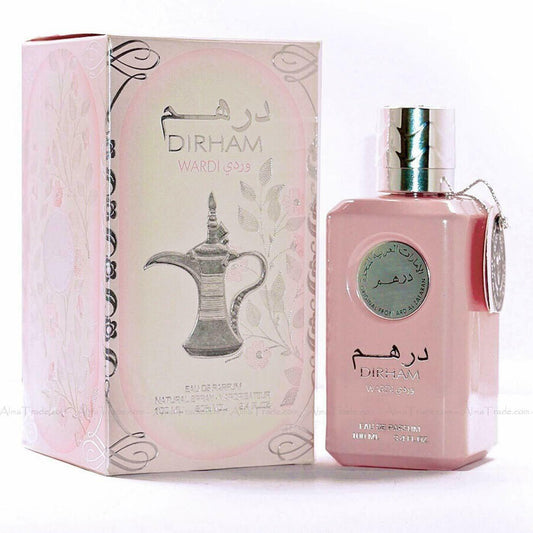 Dirham Wardi Eau De Parfum 100ML by Ard Al Zaafaran, featuring a soft pink bottle and matching elegant packaging with intricate silver detailing and floral accents.