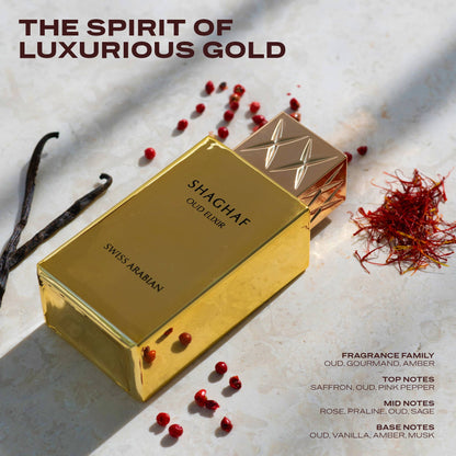Shaghaf Oud Elixir by Swiss Arabian – Pink Pepper, Saffron & Amber Oud Unisex Perfume 100ml