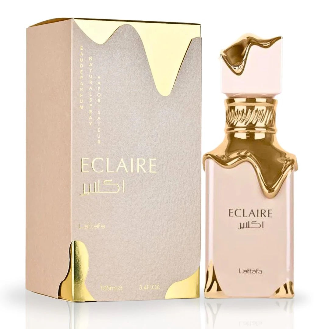 Eclaire Eau De Parfum 100ML by Lattafa, featuring an elegant bottle with gold accents and luxurious beige and gold packaging.