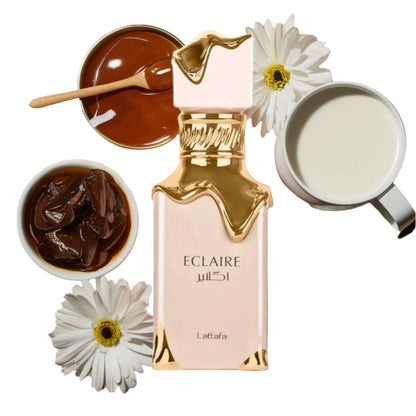 Eclaire Eau De Parfum by Lattafa, surrounded by its key ingredients including caramel, milk, white flowers, and honey, displayed in an artistic arrangement.