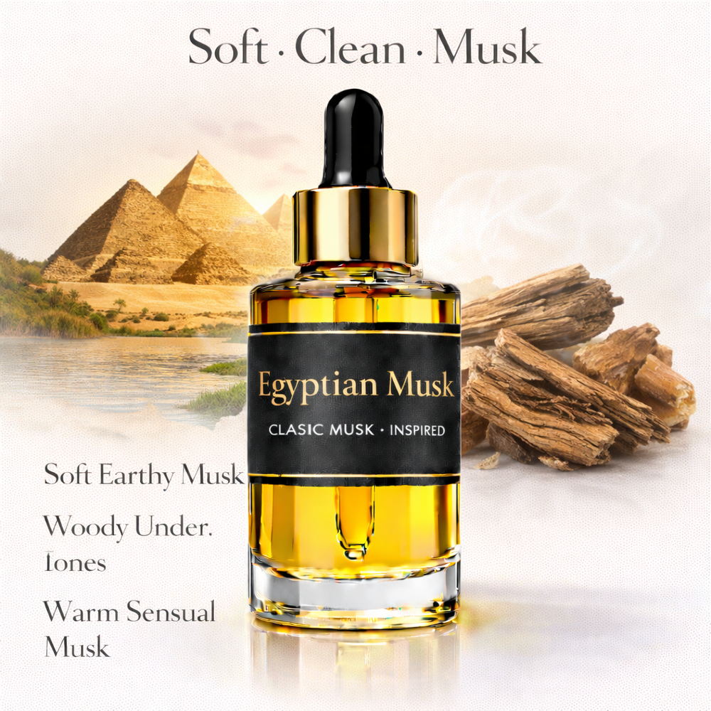 Egyptian Musk fragrance oil – Soft Clean Musk scent with warm woody undertones luxury body oil bottle on white background