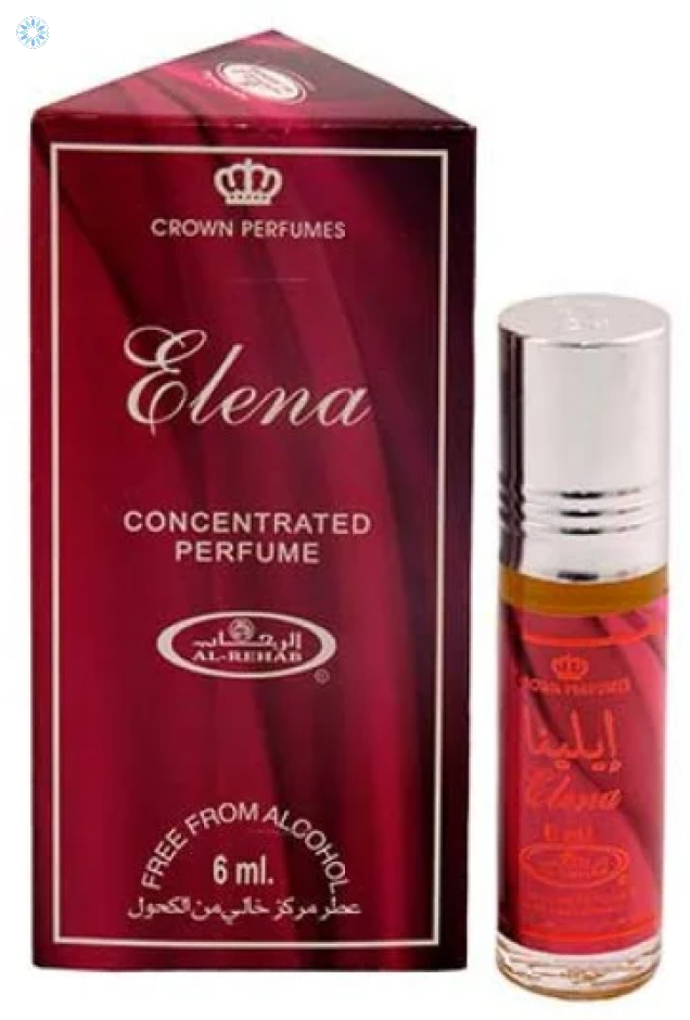 Elena concentrated perfume oil by Al-Rehab, featuring a 6ml roll-on bottle and elegant red packaging.