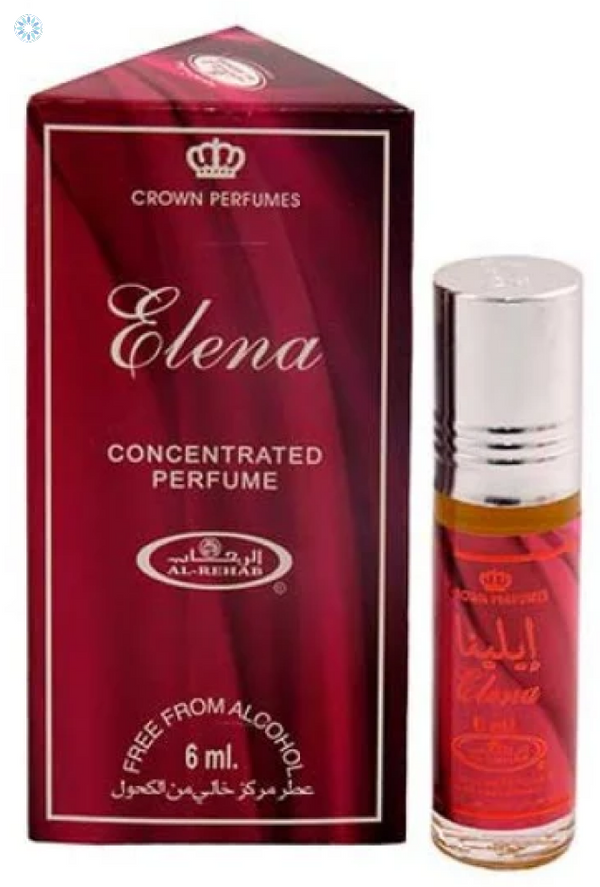 Elena concentrated perfume oil by Al-Rehab, featuring a 6ml roll-on bottle and elegant red packaging.