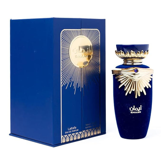 Emaan Eau De Parfum 100ML by Lattafa, featuring an elegant royal blue velvet bottle with intricate gold accents, paired with luxurious matching packaging.