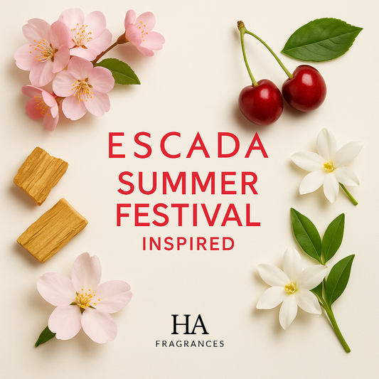 Escada Summer Festival Inspired perfume oil by HA Fragrances with cherry blossom, jasmine, cherry, and soft wood notes arranged around the name on a clean background.