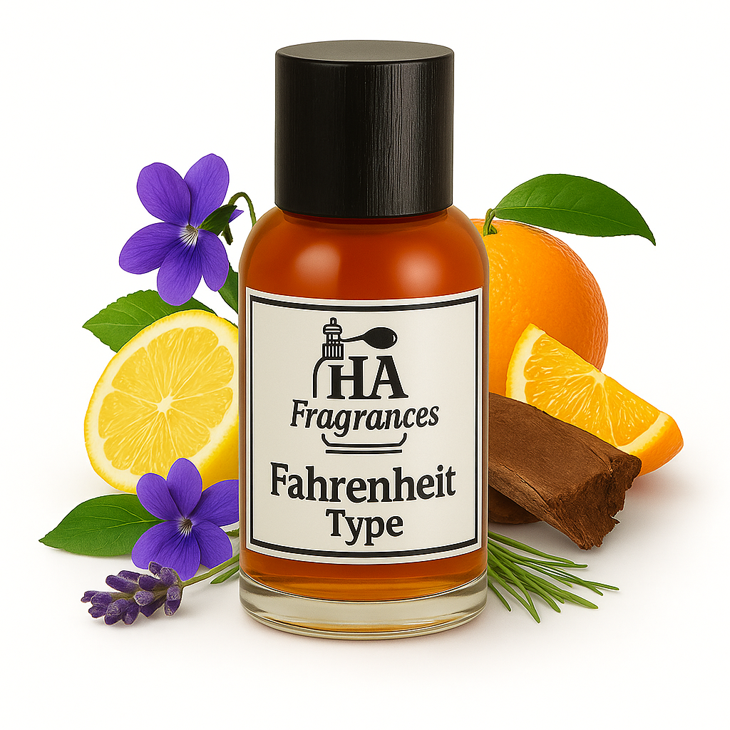Fahrenheit Men Type cologne oil by HA Fragrances in a clear amber bottle, surrounded by violet flowers, lemon slices, orange, leather, lavender sprigs, and cedarwood on a white background.