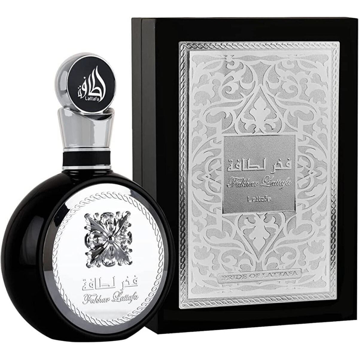 Fakhar by Lattafa for Men EDP - 100ml, featuring an elegant black and silver bottle with intricate detailing and a matching luxury box.