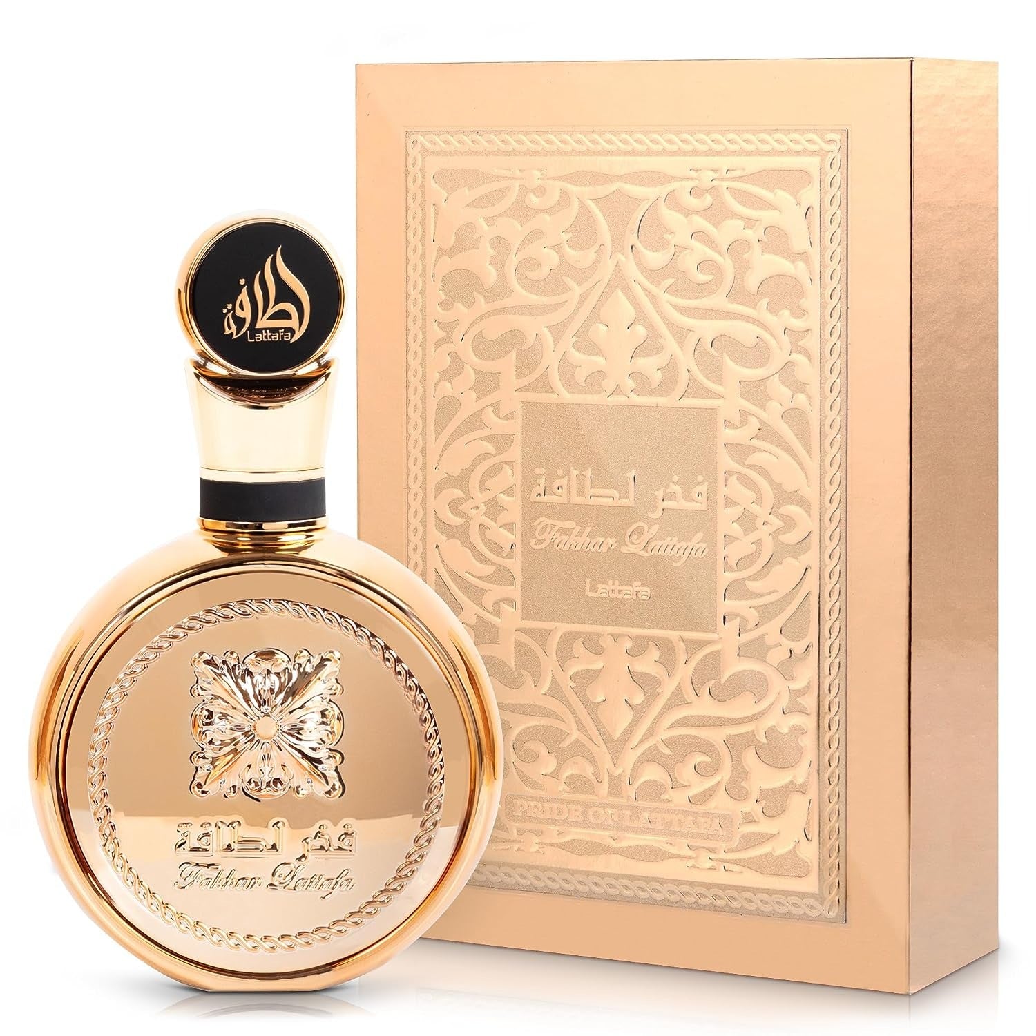 Fakhar Extrait Gold Eau De Parfum by Lattafa, featuring an intricately designed golden bottle paired with a luxurious gold-embossed box.