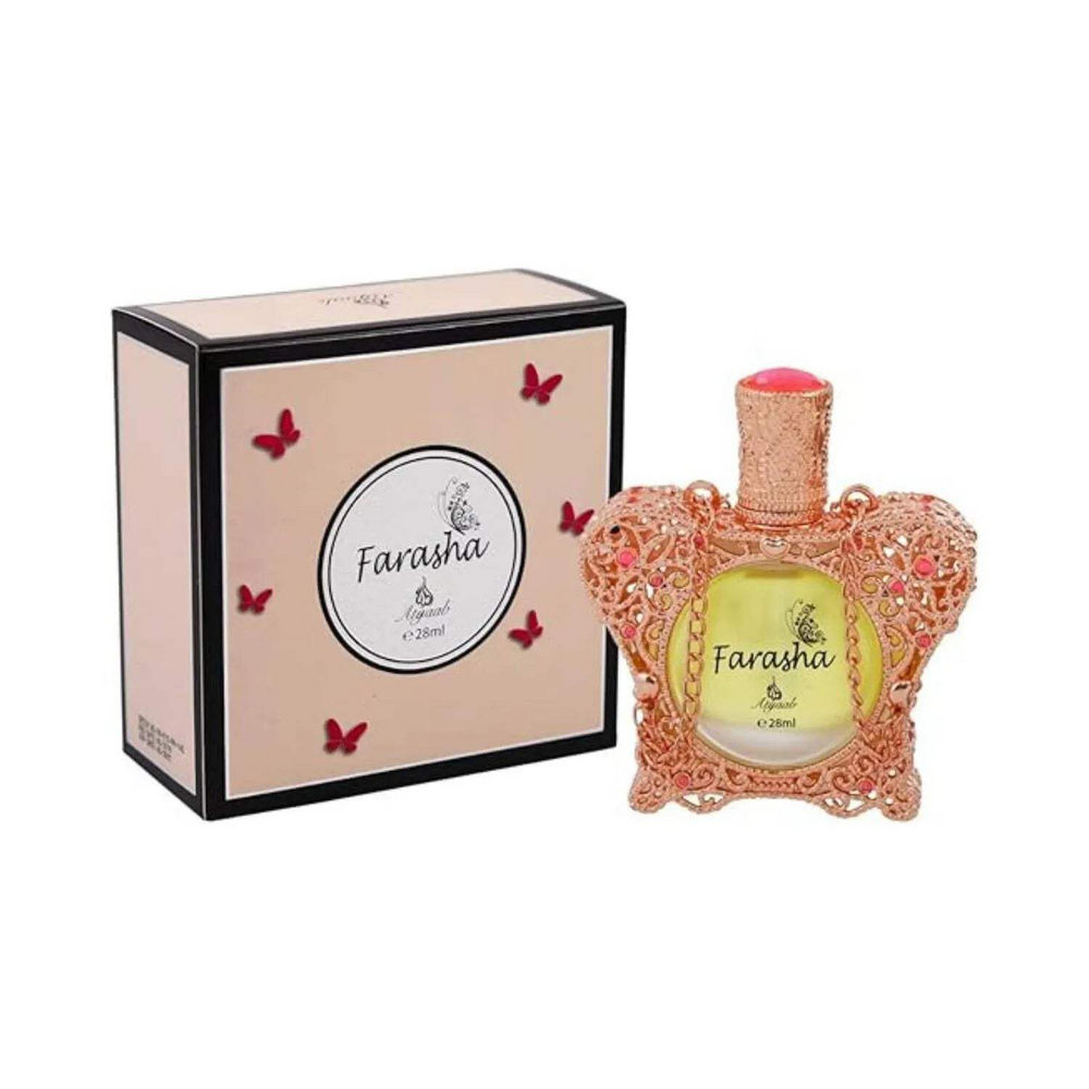 Farasha 28ml perfume oil by Khadlaj, featuring a luxurious rose gold ornamental bottle paired with an elegant box adorned with butterfly designs.