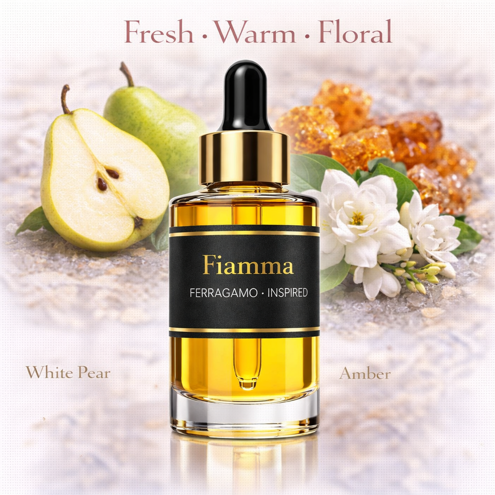 Ferragamo Fiamma Inspired fragrance oil – Fresh Warm Floral scent with pear, gardenia and amber on white background