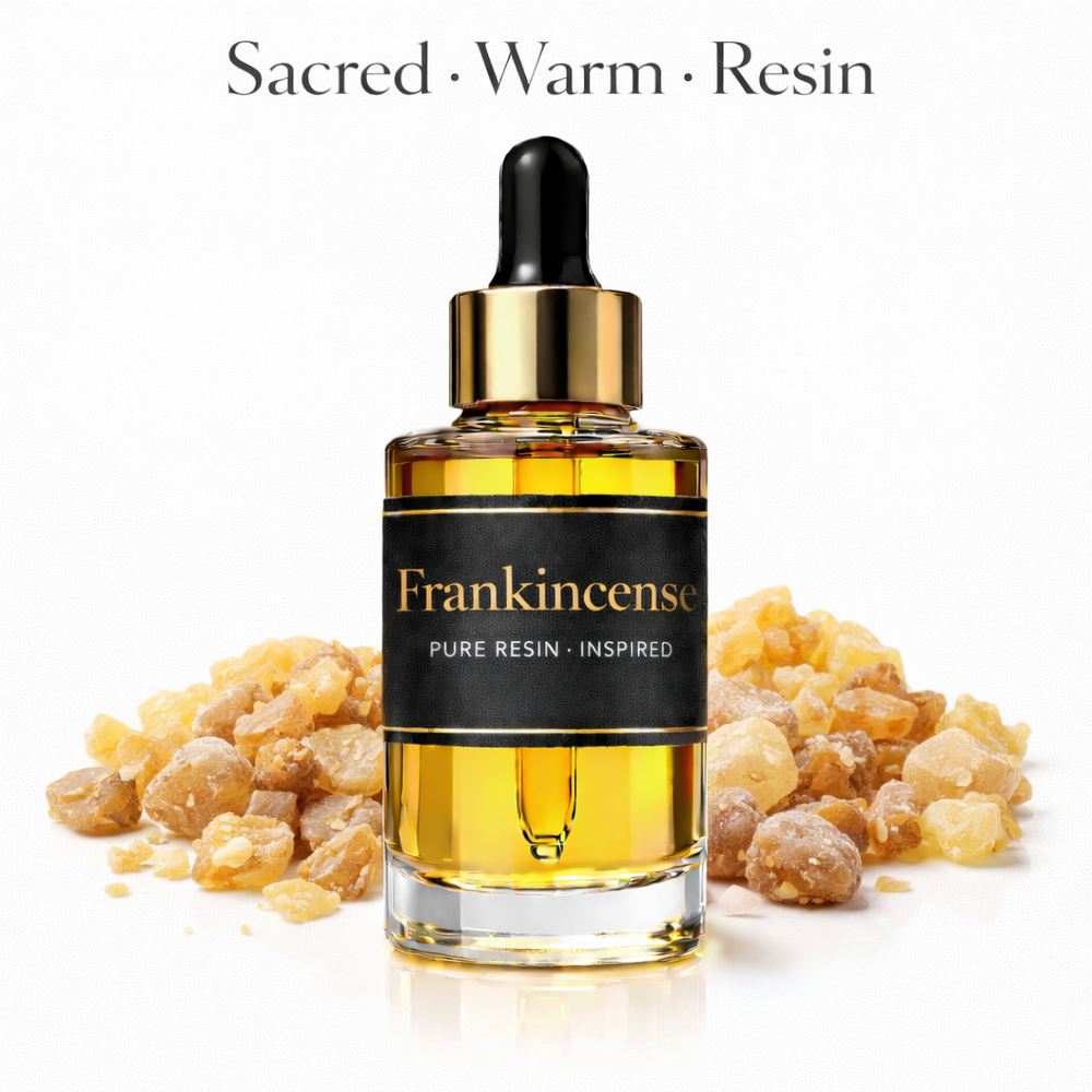 Sudanese Frankincense Inspired fragrance oil – Sacred Warm Resin scent with natural frankincense tears on white background