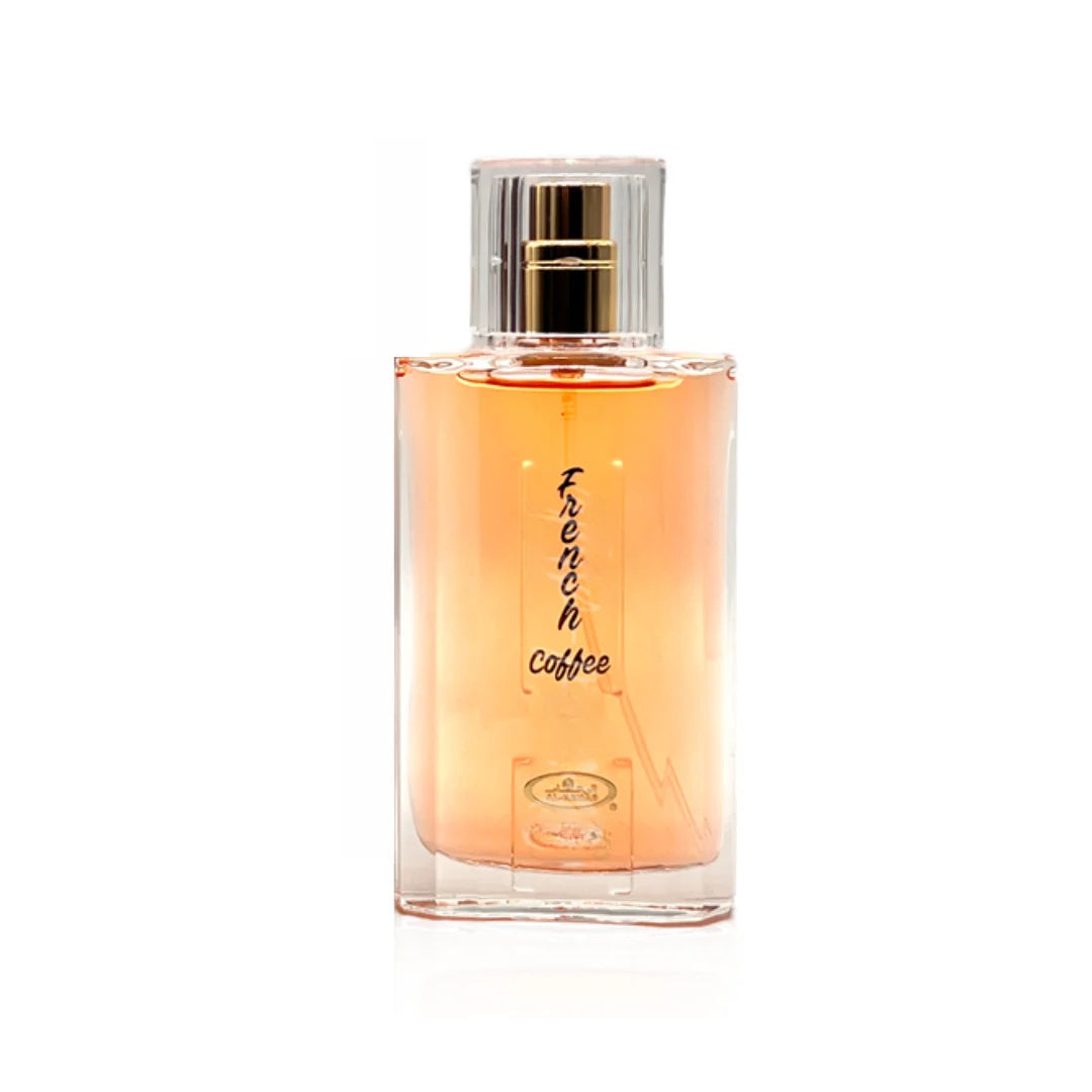 French Coffee Perfume 50ML by Al-Rehab, featuring a sleek glass bottle with an amber-colored liquid, radiating elegance and a warm coffee-inspired aroma.