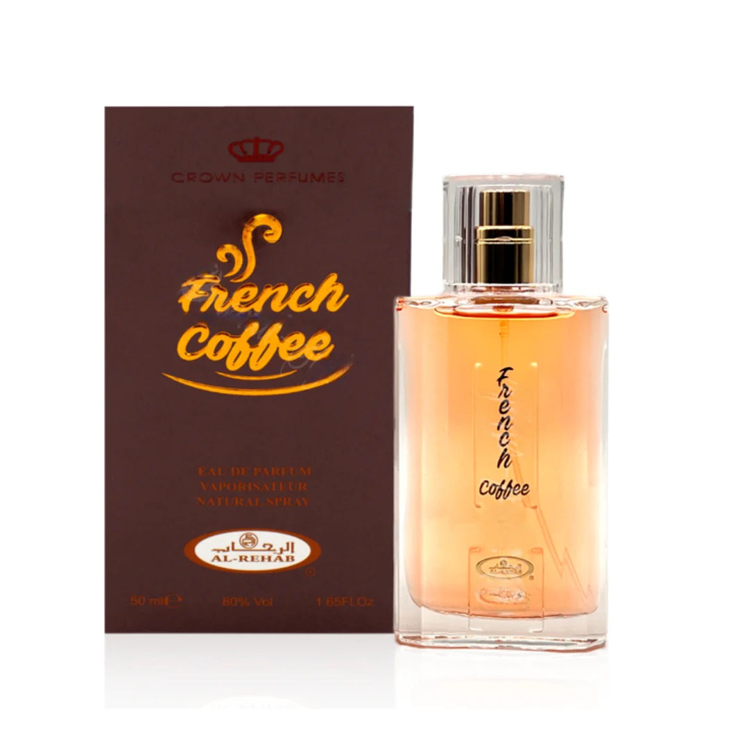 French Coffee Perfume 50ML by Al-Rehab with its luxurious brown packaging, showcasing a stylish glass bottle with amber fragrance, perfect for unisex use.