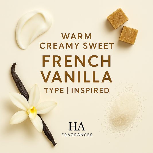 French Vanilla Type Inspired perfume oil graphic by HA Fragrances with cream, sugar, vanilla bean, and vanilla orchid notes arranged around the centered fragrance title.