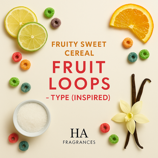 Fruit Loops Type Inspired perfume oil graphic by HA Fragrances with citrus slices, colorful cereal loops, sugar, vanilla bean, and vanilla orchid arranged around the centered fragrance title.