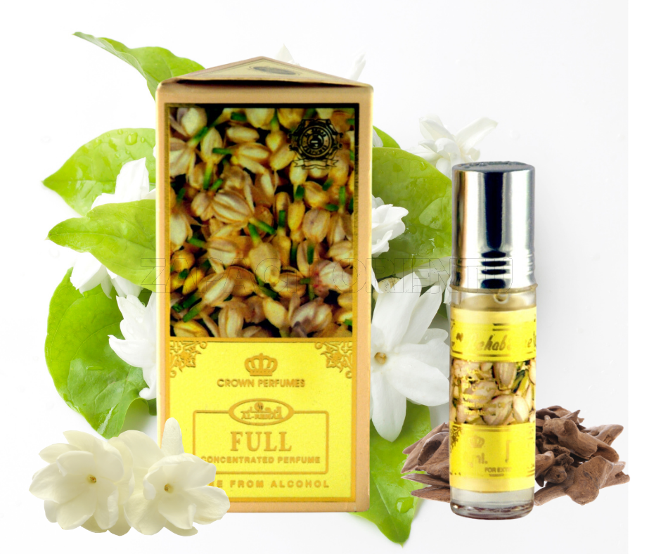 Full 6ml concentrated perfume oil by Al-Rehab, featuring a vibrant yellow packaging with a floral design, surrounded by jasmine and oud accents.