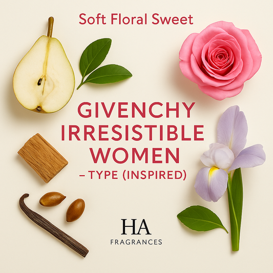 Givenchy Irresistible Women Type Inspired perfume oil graphic by HA Fragrances featuring pear, rose, iris, ambrette seed, musk, and cedarwood notes arranged around the centered fragrance title.