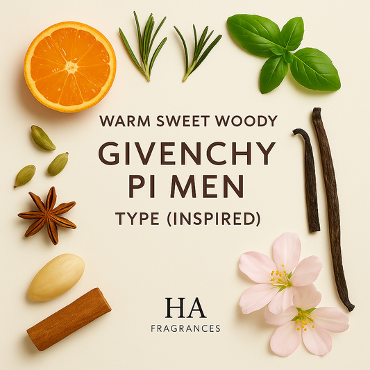 Givenchy Pi Men Type Inspired perfume oil graphic by HA Fragrances with mandarin, rosemary, basil, star anise, geranium, almond, vanilla, and tonka accents arranged around the centered fragrance title.