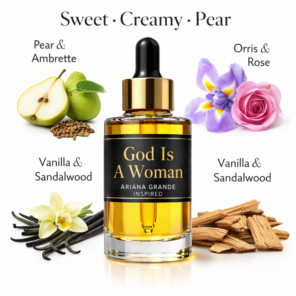 God Is A Woman Ariana Grande Inspired fragrance oil – Sweet Creamy Pear scent with pear, rose, vanilla and sandalwood on white background