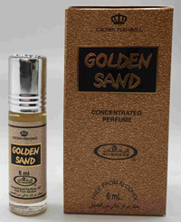 Golden Sand 6ml concentrated perfume oil by Al-Rehab, featuring elegant gold packaging and a roll-on bottle for easy application.