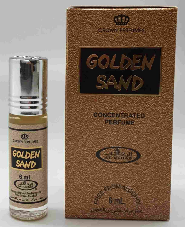 Golden Sand 6ml concentrated perfume oil by Al-Rehab, featuring elegant gold packaging and a roll-on bottle for easy application.