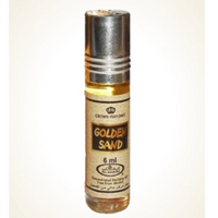 Golden Sand 6ml roll-on concentrated perfume oil by Al-Rehab with a sleek gold design, perfect for a luxurious fragrance experience.