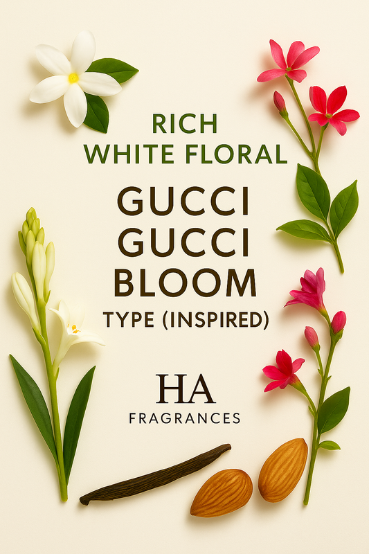 Gucci Bloom Type Inspired perfume oil graphic by HA Fragrances featuring jasmine, tuberose, and rangoon creeper floral notes arranged around the centered fragrance title.