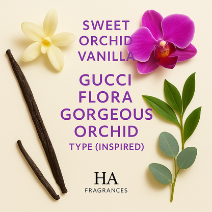 Gucci Flora Gorgeous Orchid Type Inspired perfume oil graphic by HA Fragrances with vanilla, vanilla orchid, and orchid floral notes arranged around the centered fragrance title.