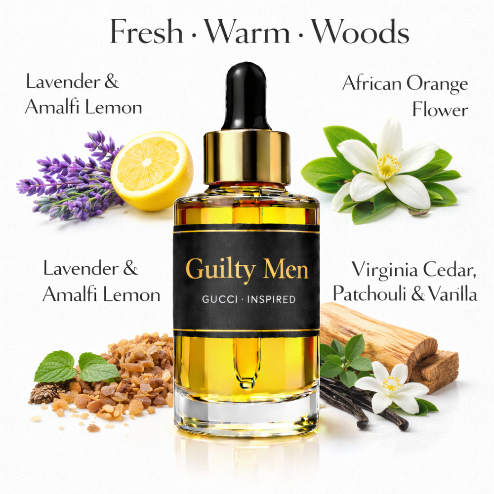 Gucci Guilty Men Inspired fragrance oil – Fresh Warm Woods scent with lavender, lemon, cedar and vanilla on white background