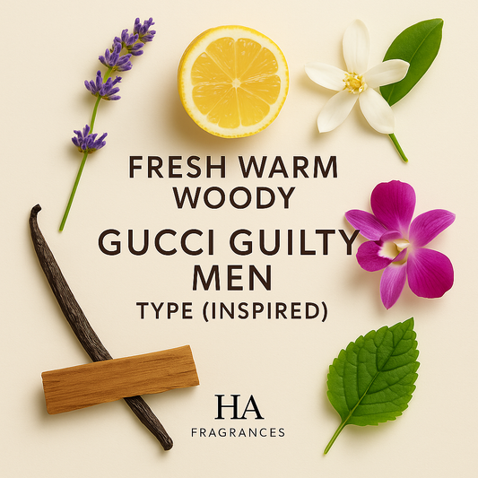 Gucci Guilty Men Type Inspired perfume oil graphic by HA Fragrances featuring lavender, lemon, orange flower, cedarwood, patchouli leaf, and vanilla notes arranged around the centered fragrance title