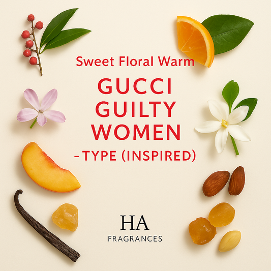 Gucci Guilty Women Type Inspired perfume oil graphic by HA Fragrances featuring pink pepper, citrus, lilac, peach, jasmine, amber resin, almond, and vanilla notes arranged around the centered fragrance title