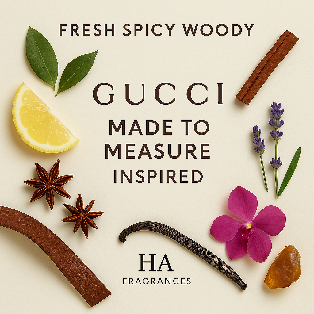 Gucci Made To Measure Type Inspired perfume oil graphic by HA Fragrances featuring bergamot, lavender, star anise, cinnamon, leather, amber resin, and herbal notes arranged around the centered fragrance title