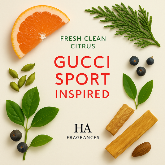Gucci Sport Type Inspired perfume oil graphic by HA Fragrances featuring grapefruit, cardamom, cypress, fig leaf, juniper berries, sandalwood, and vetiver notes arranged around the centered fragrance title