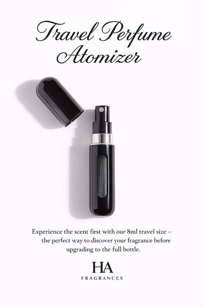HA Fragrances 8ml travel perfume atomizer for fragrance decants, refillable travel size spray bottle designed for testing scents before purchasing full size perfume, luxury portable fragrance atomizer for everyday use and travel.