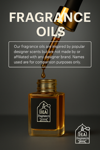 HA Fragrances designer inspired fragrance oils banner showing amber dropper bottle with HA logo, plus disclaimer stating oils are not made by or affiliated with any designer brand.