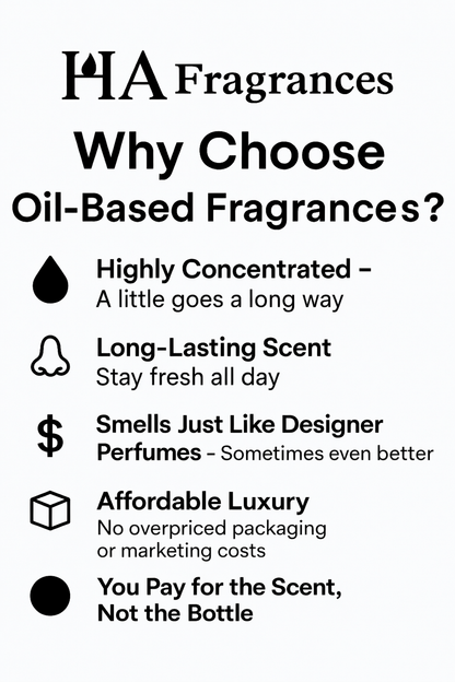 HA Fragrances sign explaining benefits of oil-based fragrances including long-lasting scent, high concentration, and affordable luxury