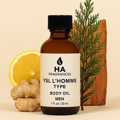 Body oil bottle with lemon, ginger, and greenery on a beige background