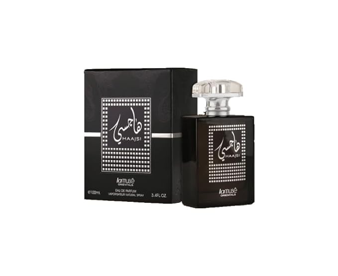 Haajsi Eau De Parfum EDP 100mL Spray Bottle with elegant black packaging and a luxury clear cap design, unisex fragrance.