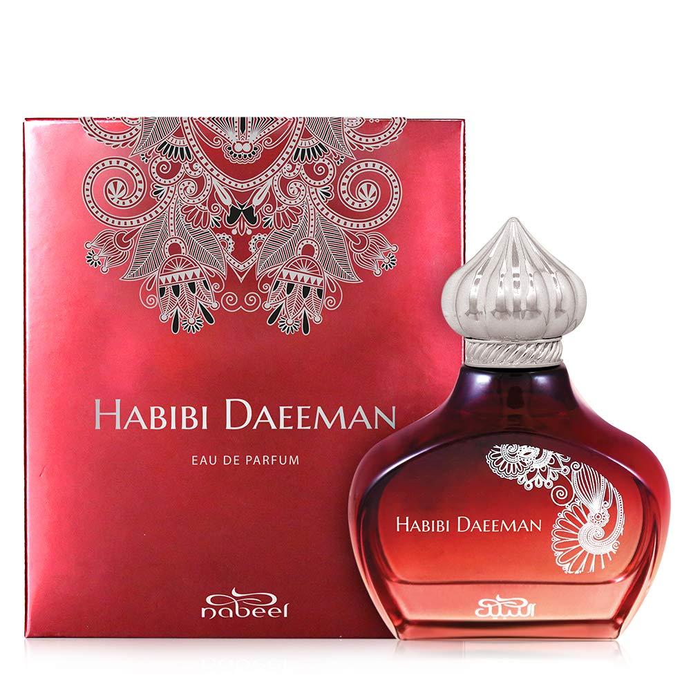 Habibi Daeeman Eau De Parfum by Nabeel from the Trendy Collection, featuring a luxurious crimson bottle with intricate silver detailing and matching elegant packaging.