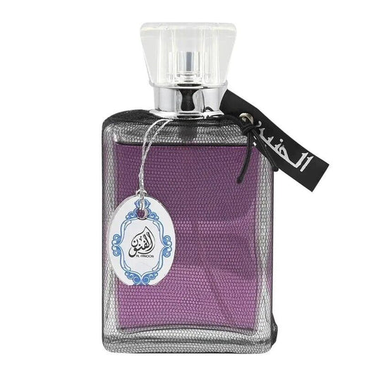 Haneen by Al-Fanoon Eau de Parfum 100ml bottle featuring a sleek silver mesh design, a purple hue, and decorative tag.